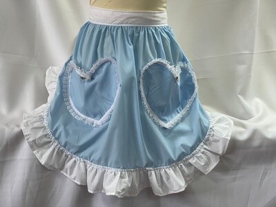 Retro Vintage 50s Style Half Apron with 2 Lace Trimmed Heart Shaped Pockets - Pale Blue