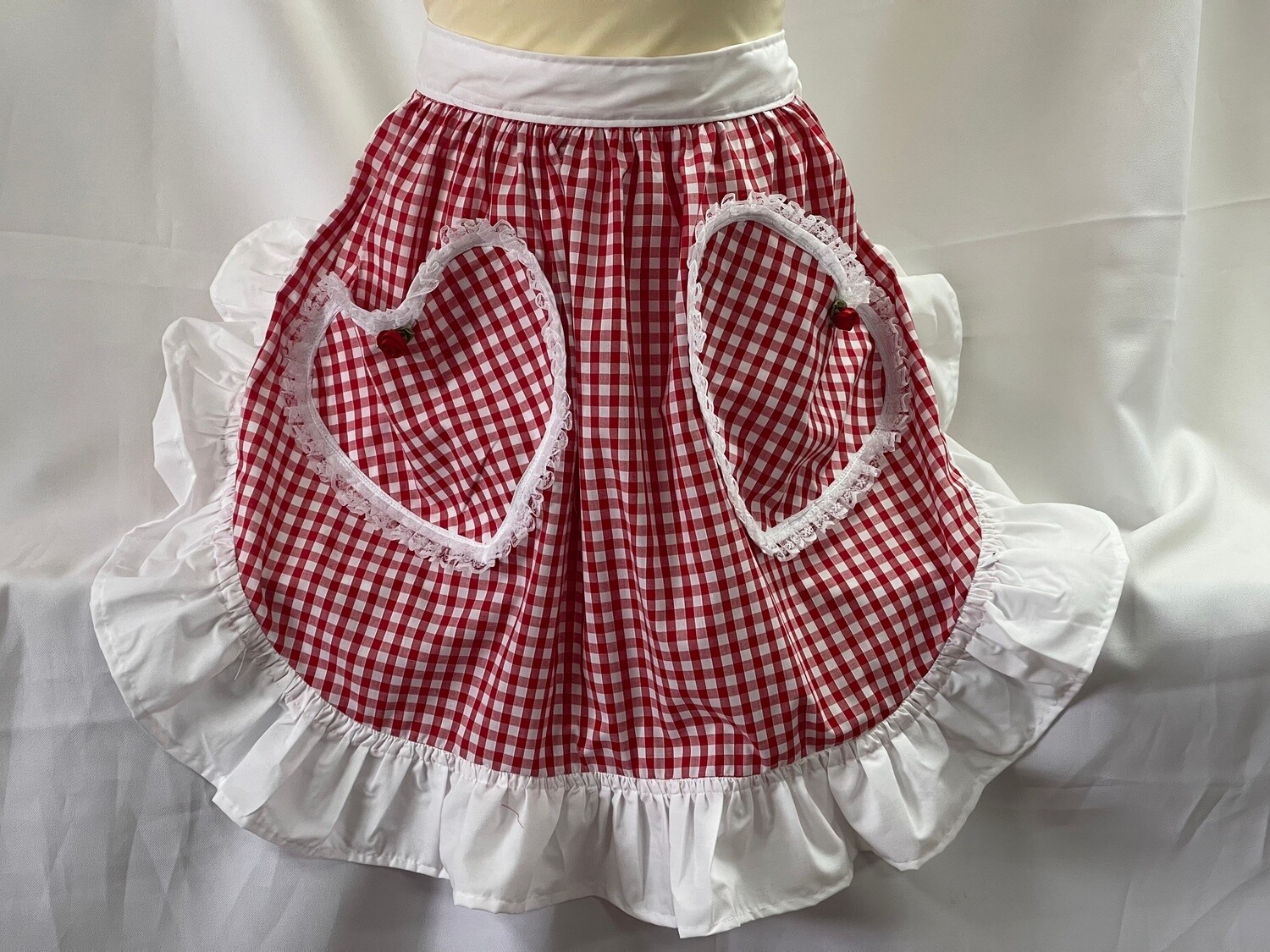 Retro Vintage 50s Style Half Apron with 2 Lace Trimmed Heart Shaped Pockets - Red Gingham