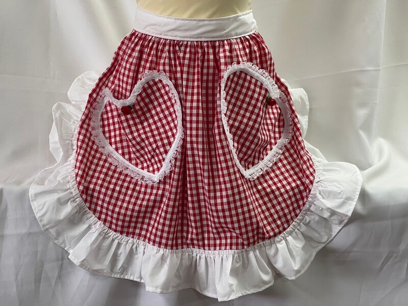 Retro Vintage 50s Style Half Apron with 2 Lace Trimmed Heart Shaped Pockets - Red Gingham