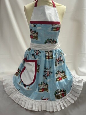 Retro Vintage 50s Style Full Apron / Pinny - Christmas Scenes on Blue with White Trim