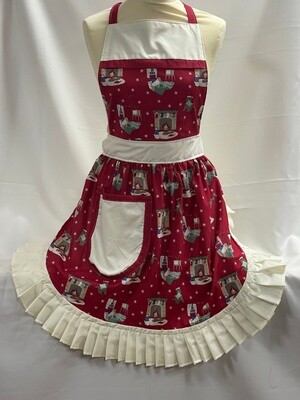 Retro Vintage 50s Style Full Apron / Pinny - Christmas Scenes on Deep Red with Cream Trim
