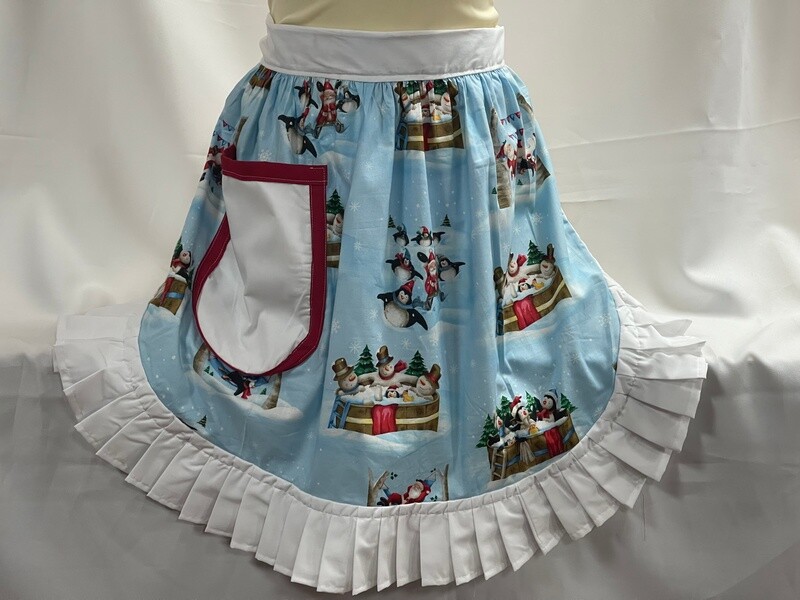 Retro Vintage 50s Style Half Apron / Pinny - Christmas Scenes on Blue with White Trim