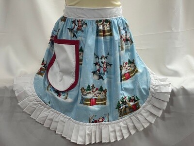 Retro Vintage 50s Style Half Apron / Pinny - Christmas Scenes on Blue with White Trim