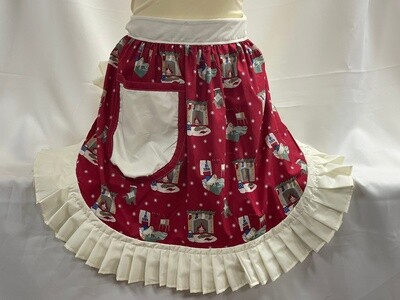 Retro Vintage 50s Style Half Apron / Pinny - Christmas Scenes on Deep Red with Cream Trim
