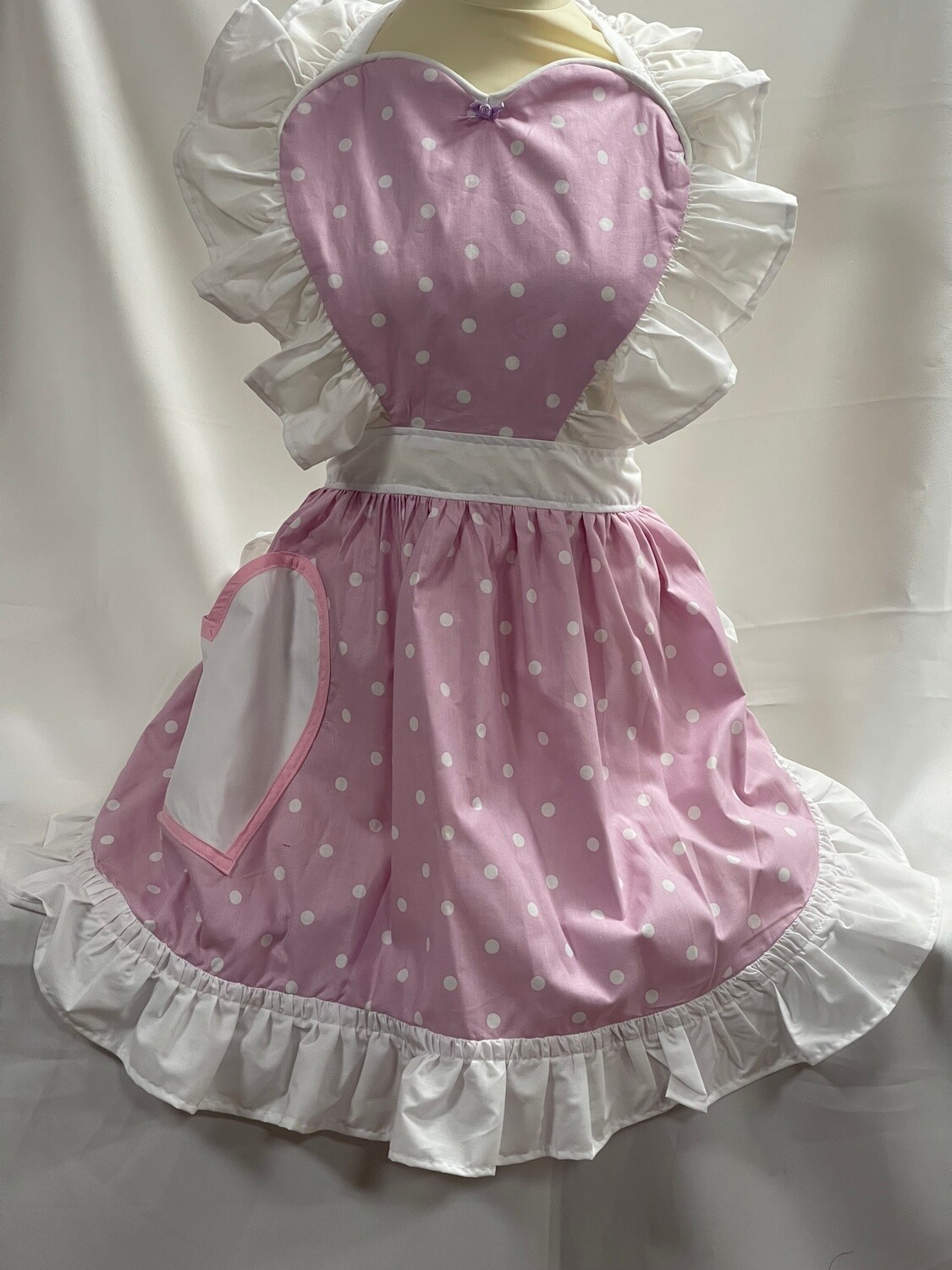 Retro Vintage 50&#39;s Style Full Apron with Heart Shaped Top and Pocket - Cool Pink and White Polka Dot with White Trim