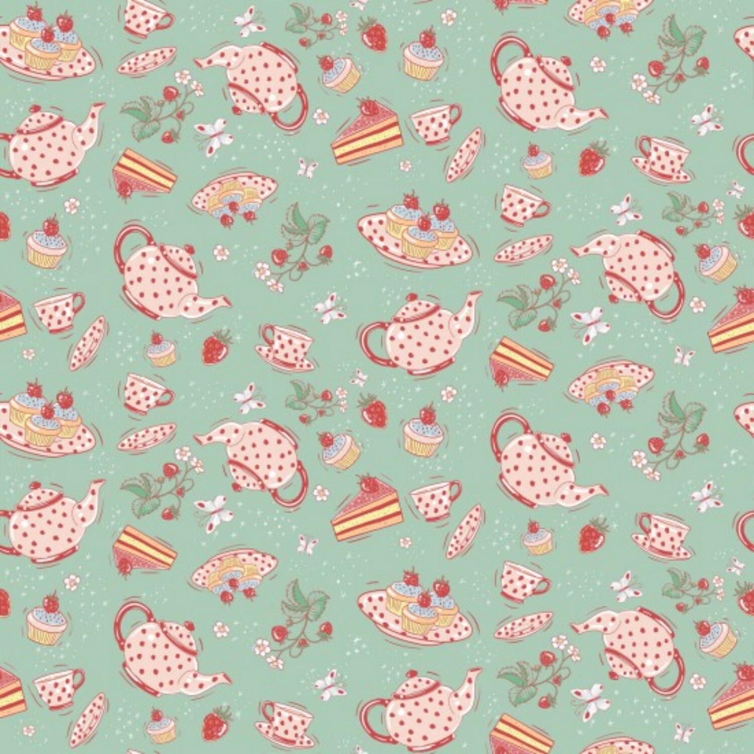 Fairy Garden - Tea Party - Green - 100% cotton print fabric