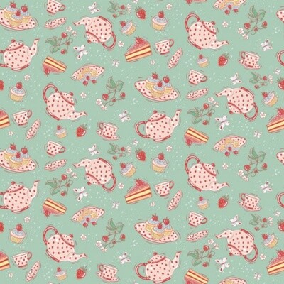 Fairy Garden - Tea Party - Green - 100% cotton print fabric