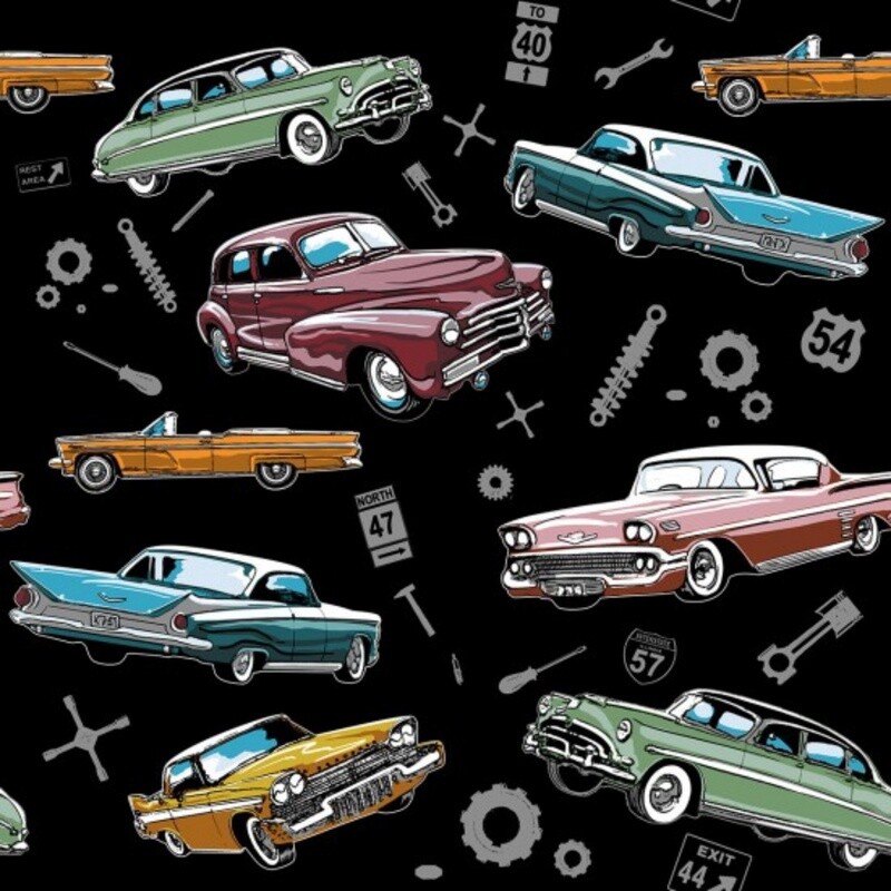 Classics - Vintage Cars - Black  - 100% cotton print fabric
