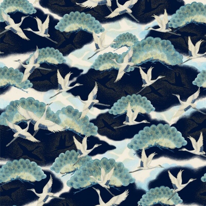Cranes in Flight - Japanese Metallic - Navy - 100% cotton print fabric