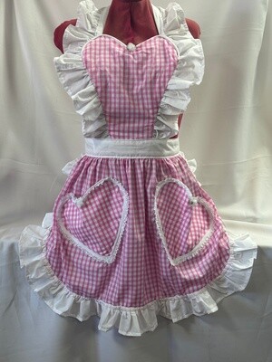 Retro Vintage 50&#39;s Style Full Apron with Heart Shaped Top and 2 x Lace Trimmed Pockets - Pink and White Gingham with White Trim