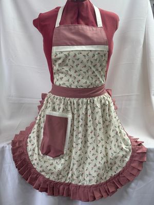 Retro Vintage 50&#39;s Style Full Apron - Pink Roses Floral with Dusky Pink Trim