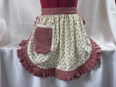 Retro Vintage 50s Style Half Apron / Pinny - Pink Roses Floral with Dusky Pink Trim
