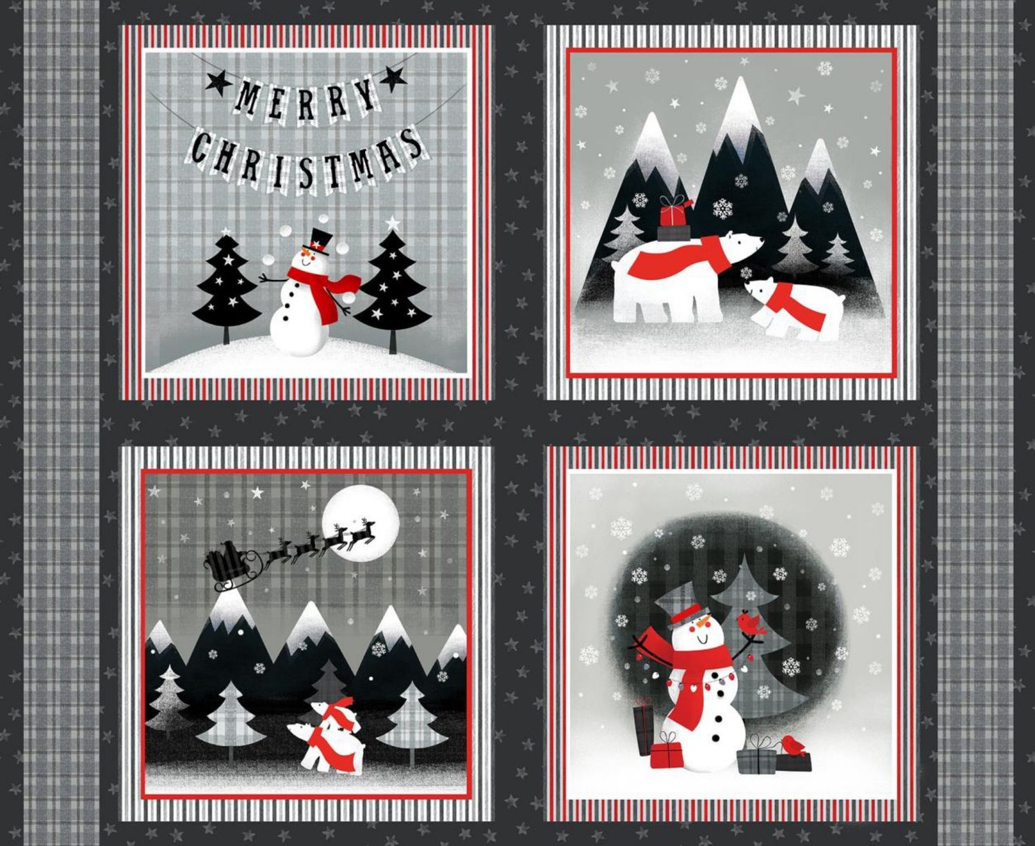 Red &amp; Grey Christmas Panel - 100% Cotton