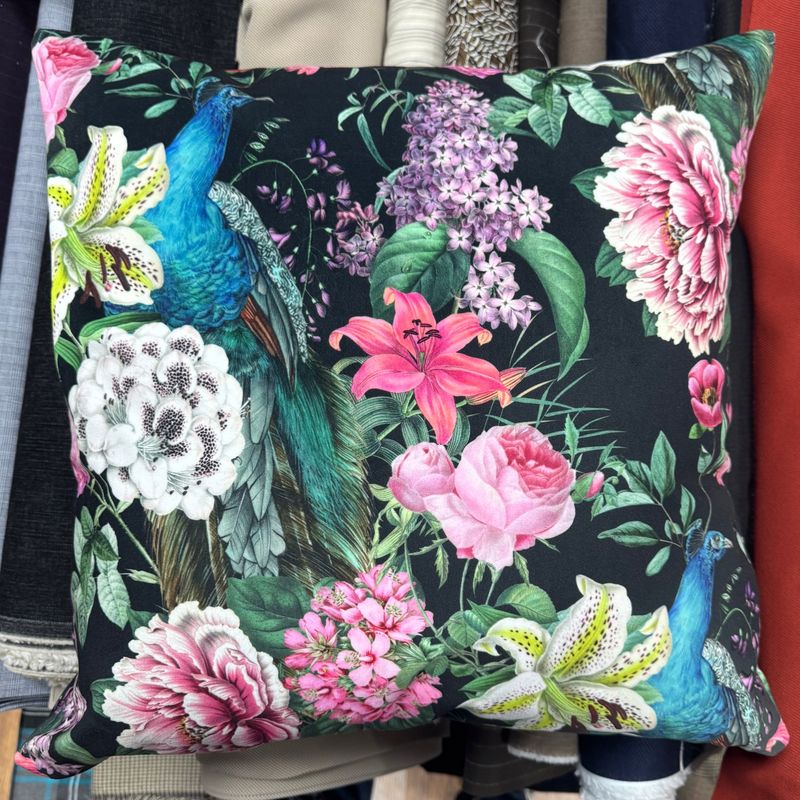 Large Cushion Cover - Peacock Blossom in Jet Black - 290gsm Velvet
