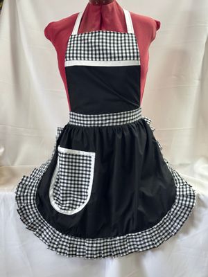 Retro Vintage 50&#39;s Style Full Apron - Black with Black &amp; White Gingham Trim