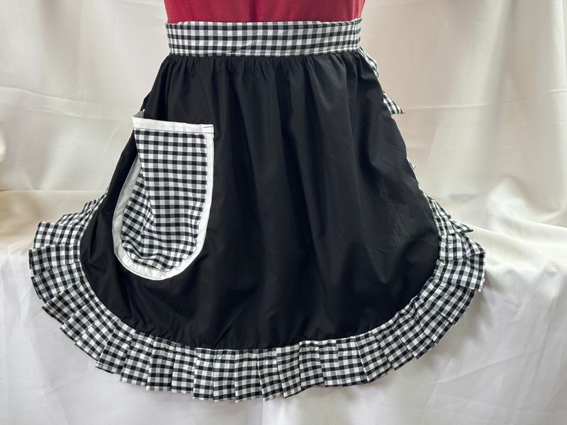 Retro Vintage 50&#39;s Style Half Apron - Black with Black &amp; White Gingham Trim