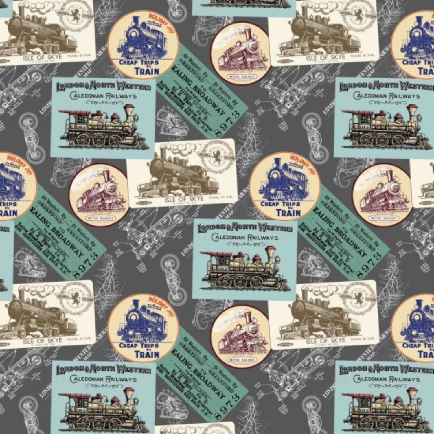 All Aboard - Stamps - Trains - Grey - 100% cotton print fabric