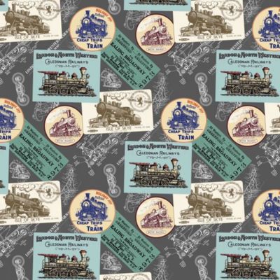 All Aboard - Stamps - Trains - Grey - 100% cotton print fabric