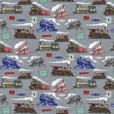 All Aboard - Allover - Trains - Grey - 100% cotton print fabric
