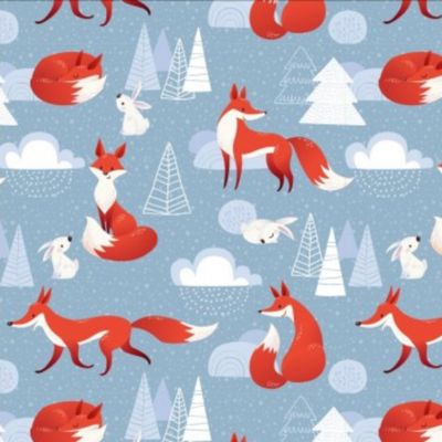 Foxes - Blue - 100% Cotton Winceyette printed fabric