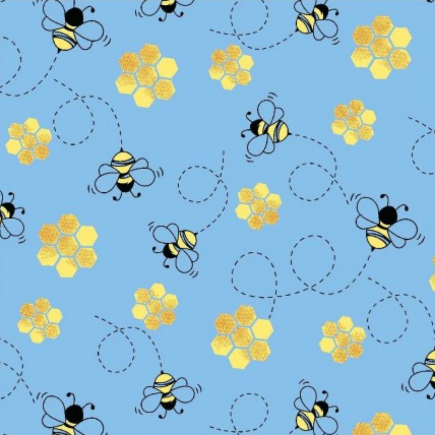 Bumble Bees - Blue - 100% Cotton Winceyette printed fabric