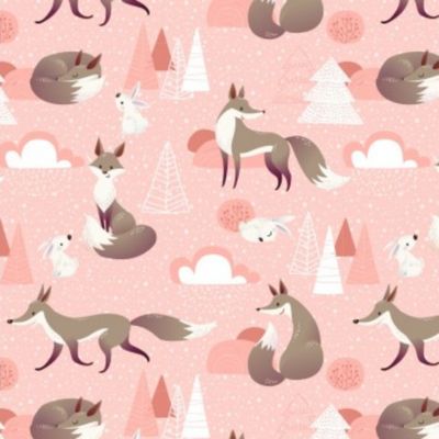 Foxes - Pink - 100% Cotton Winceyette printed fabric