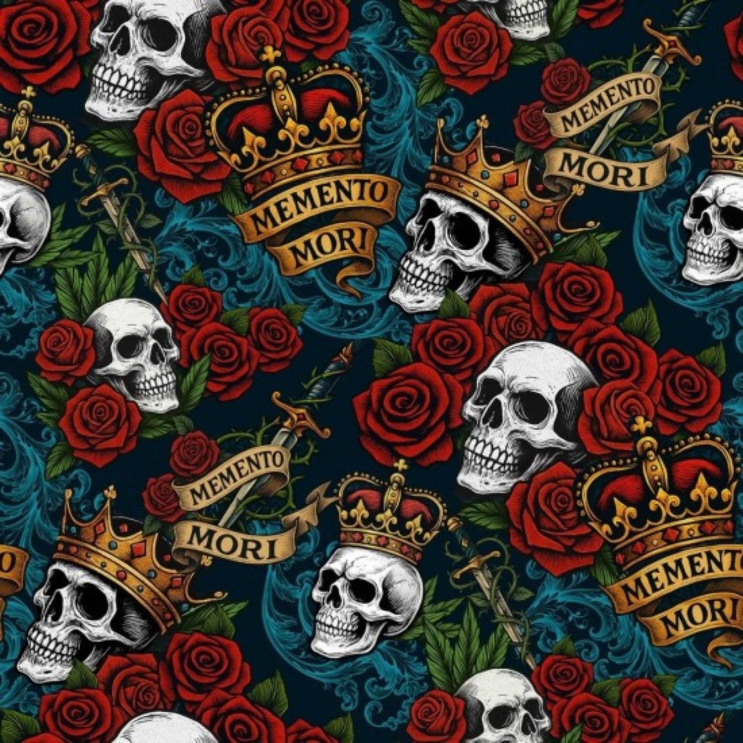 Momento Mori (Skulls &amp; Roses) - Black / Multi - 100% cotton print fabric