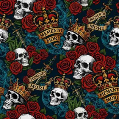 Momento Mori (Skulls &amp; Roses) - Black / Multi - 100% cotton print fabric