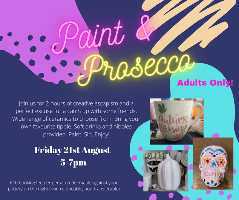 Adults Paint and Prosecco 21st August 5 -7pm (deposit)