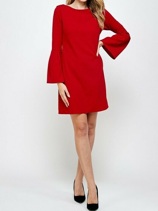 Red Solid Pleated Bell Sleeve Shift Dress