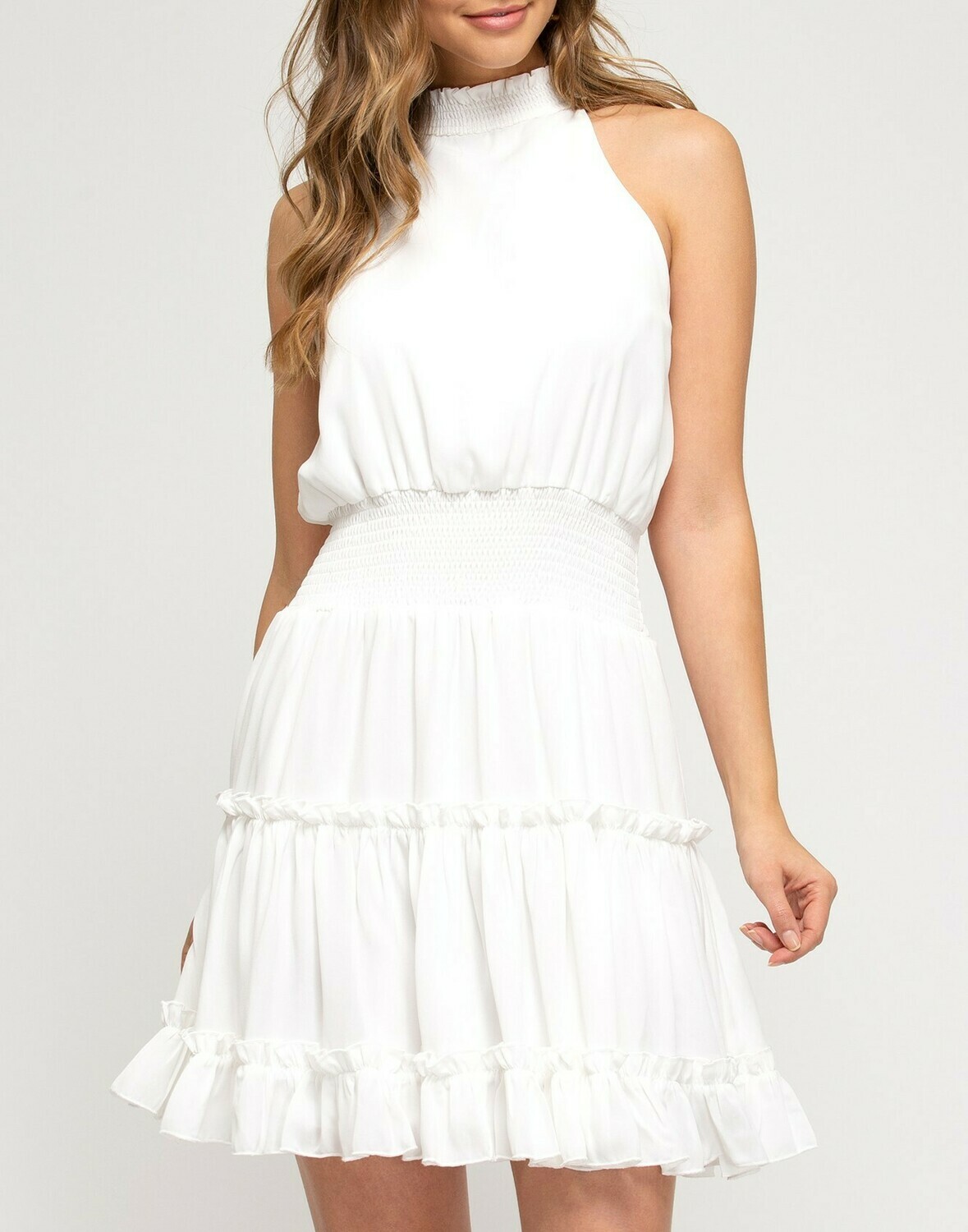 Off White Smocked Sleeveless Dress