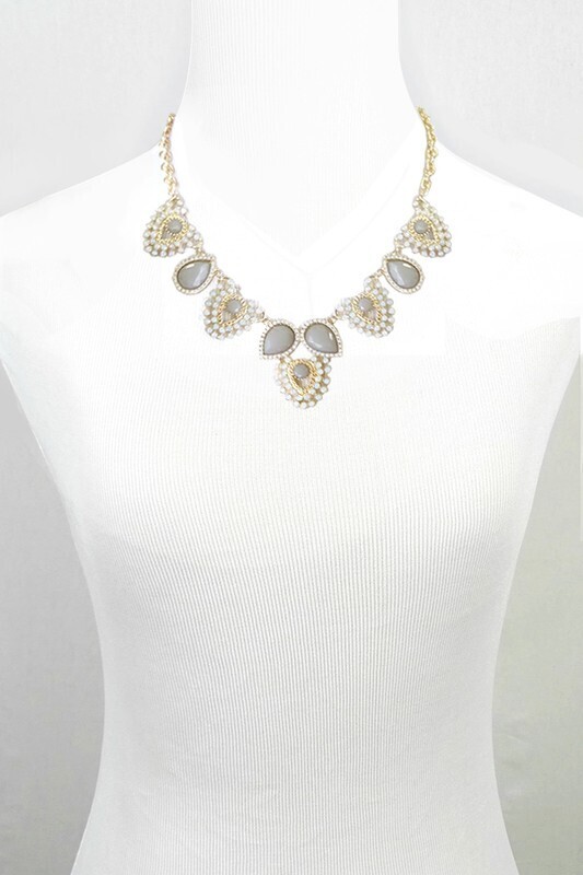 Gold Bib Necklace w/ Cream & Taupe Beads