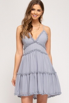 Blue Grey Crinkled Woven Tiered Dress w/Lining