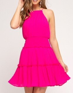 Hot Pink Sleeveless Woven Pleated Dress