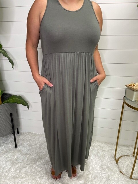 Olive Scoop Neck Pleated Maxi Dress