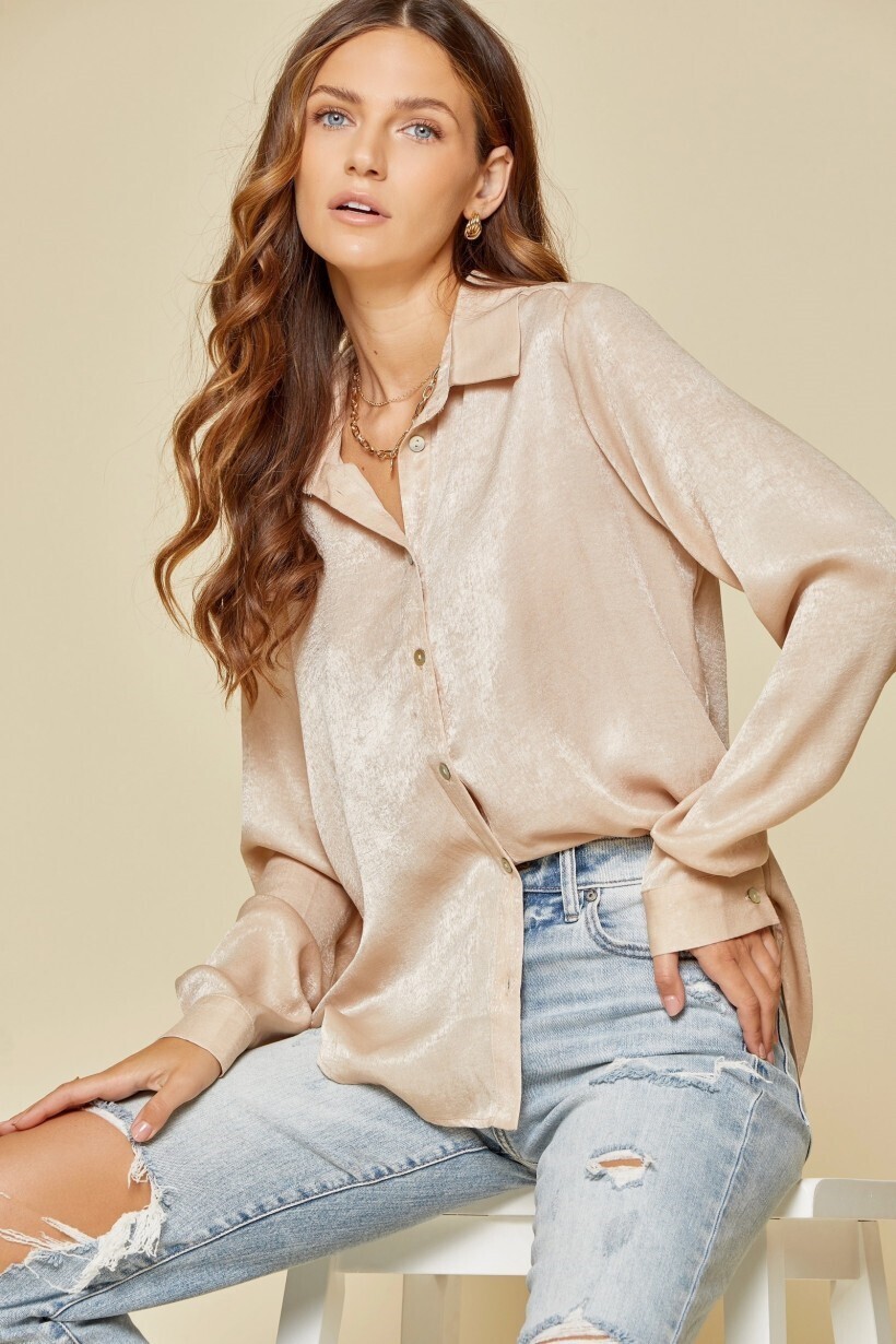 Silky Champagne Colored Button Down Top