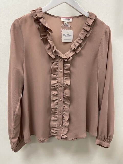 Taupe Blouse w/ Ruffle & Button Detail