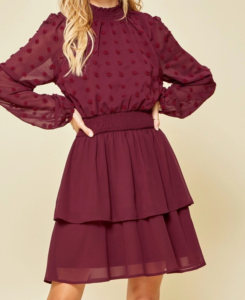 Burgundy Dress w/ Pom Pom Detail & Smocked Waist