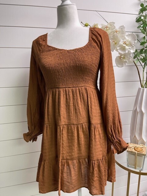 Rust Long Sleeve Dress with Smocked Top