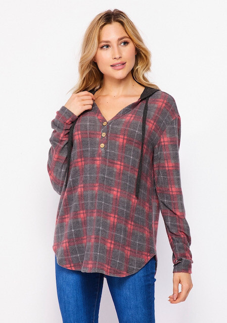 French Terry Red/Grey Plaid Hoodie