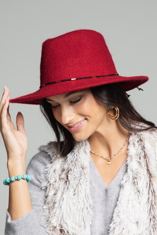 Red Wool Panama Hat With Metal Accent Band