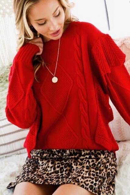 Cora Red Sweater w/ Ruffle Detail