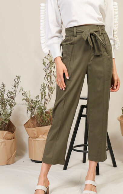 Dark Green Elastic Waist Paperbag Pants