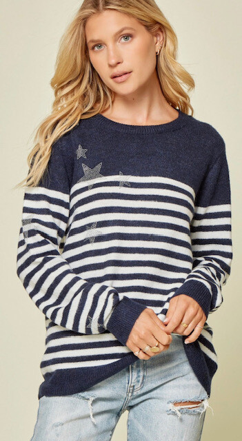 Navy/Ivory Striped Star Detailed Sweater