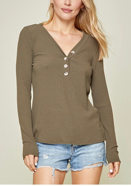 Ribbed V-neck Button Detail Top