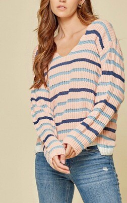 Blush W/Multi Blue Striped Scalloped Neck Sweater