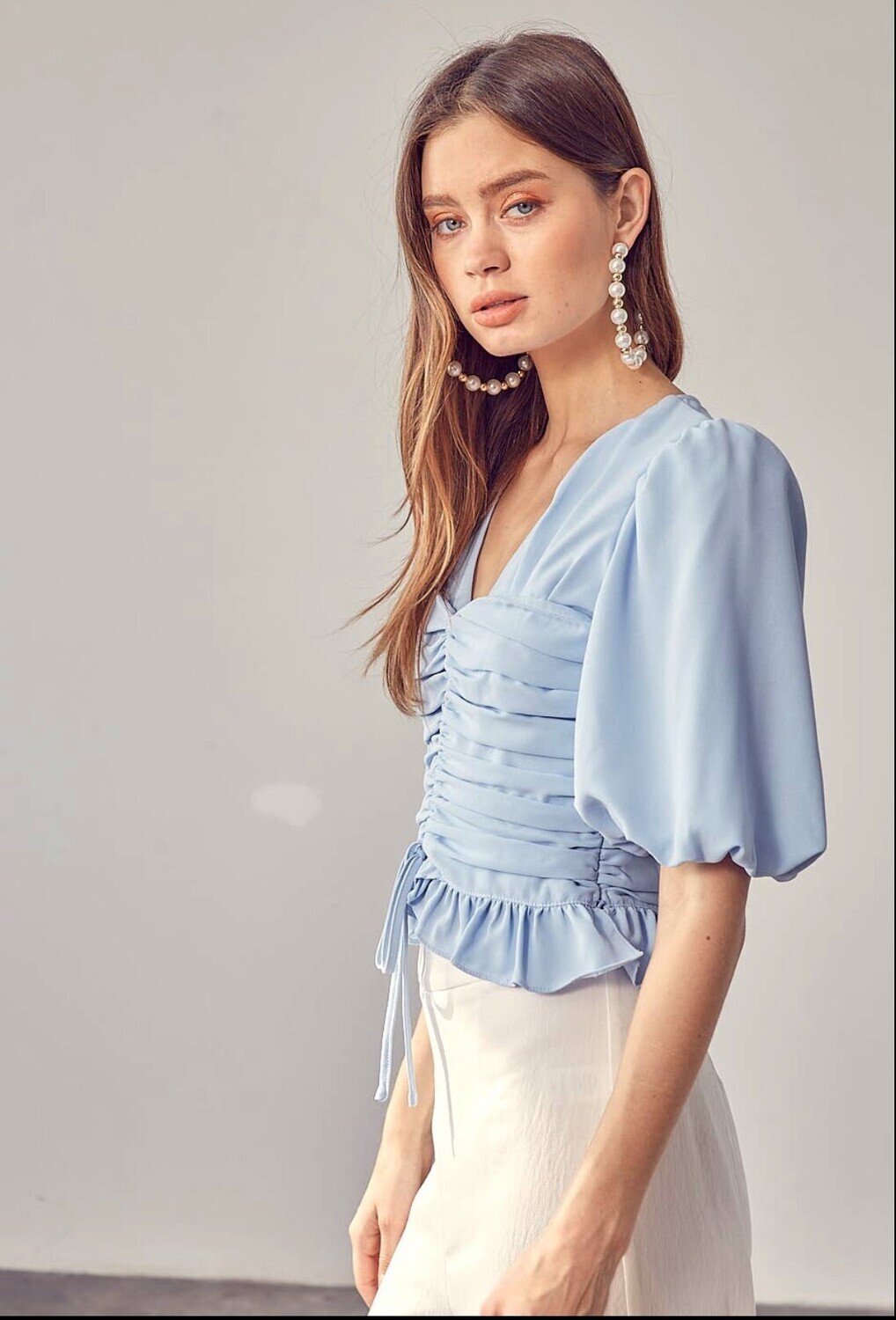 Sky Blue Puff Sleeve Cinched Top