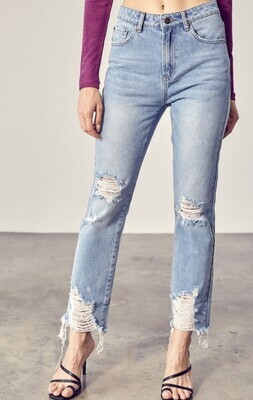 Washed Blue Distressed Straight Leg Jeans