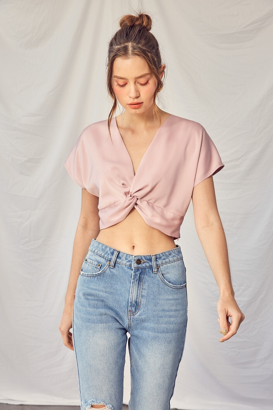 Dusty Pink Short Sleeve Front Knot Crop Top