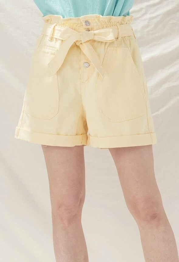 Pale Yellow Denim Paperbag Shorts